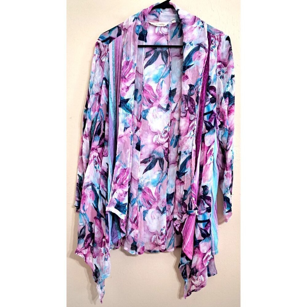 Soft Surroundings PXL Multicolor Flyaway Long Sleeve Cardigan Floral w/Stripes